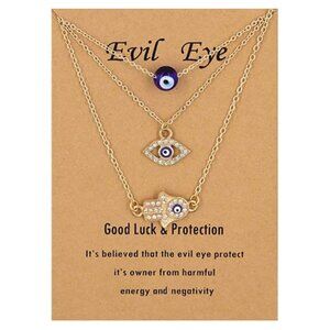 Gold and Rhinestone Evil Eye Layered Boho Necklace Minimalist Festival